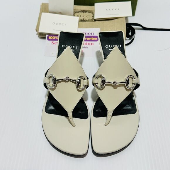 Gucci Mariame 55mm Horsebit White Leather Thong Heel Sandals Size 37/ 7 NIB $890 - Picture 6 of 12